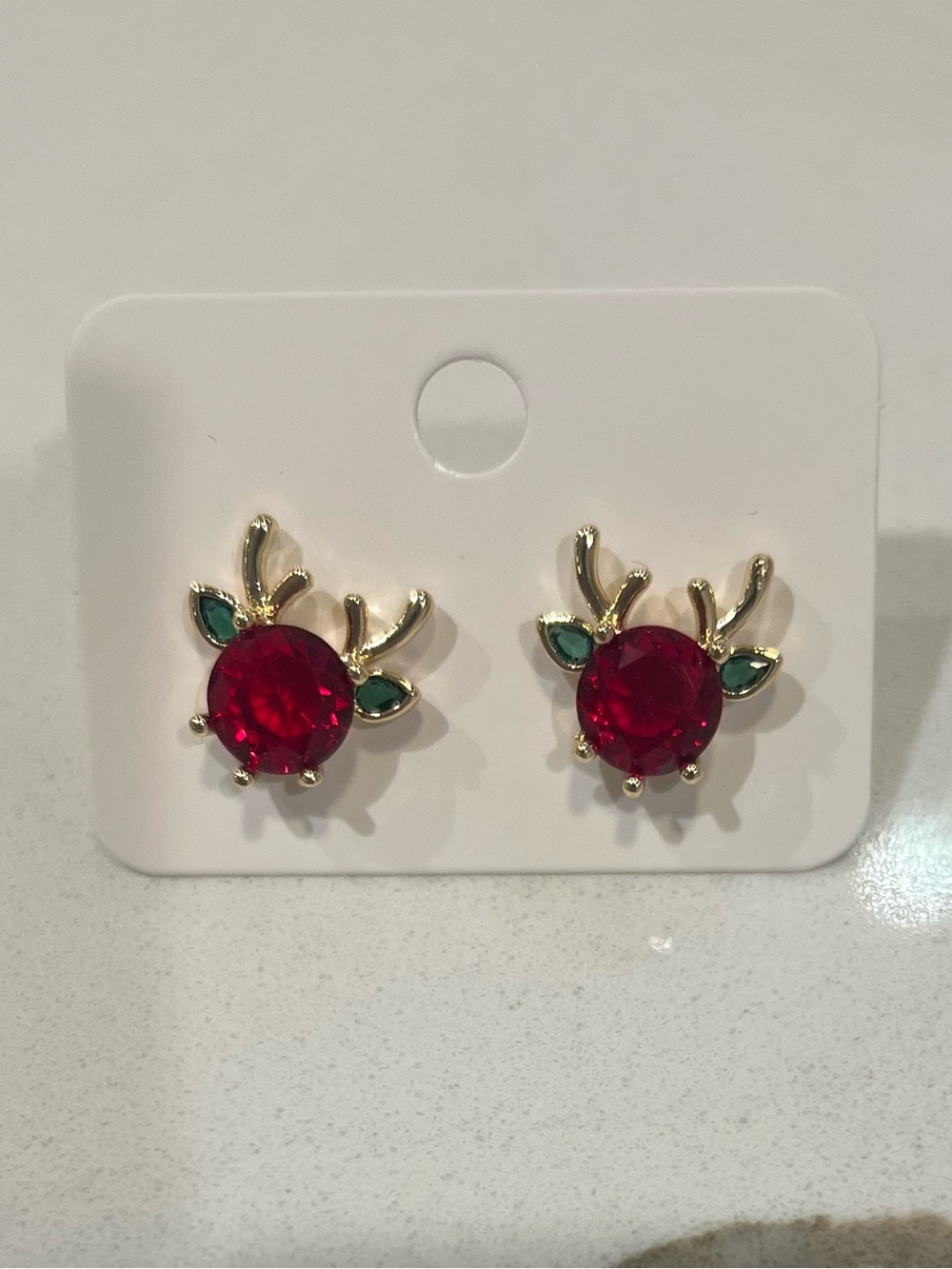 Gold Reindeer Stud Earrings with Red and Green Stones